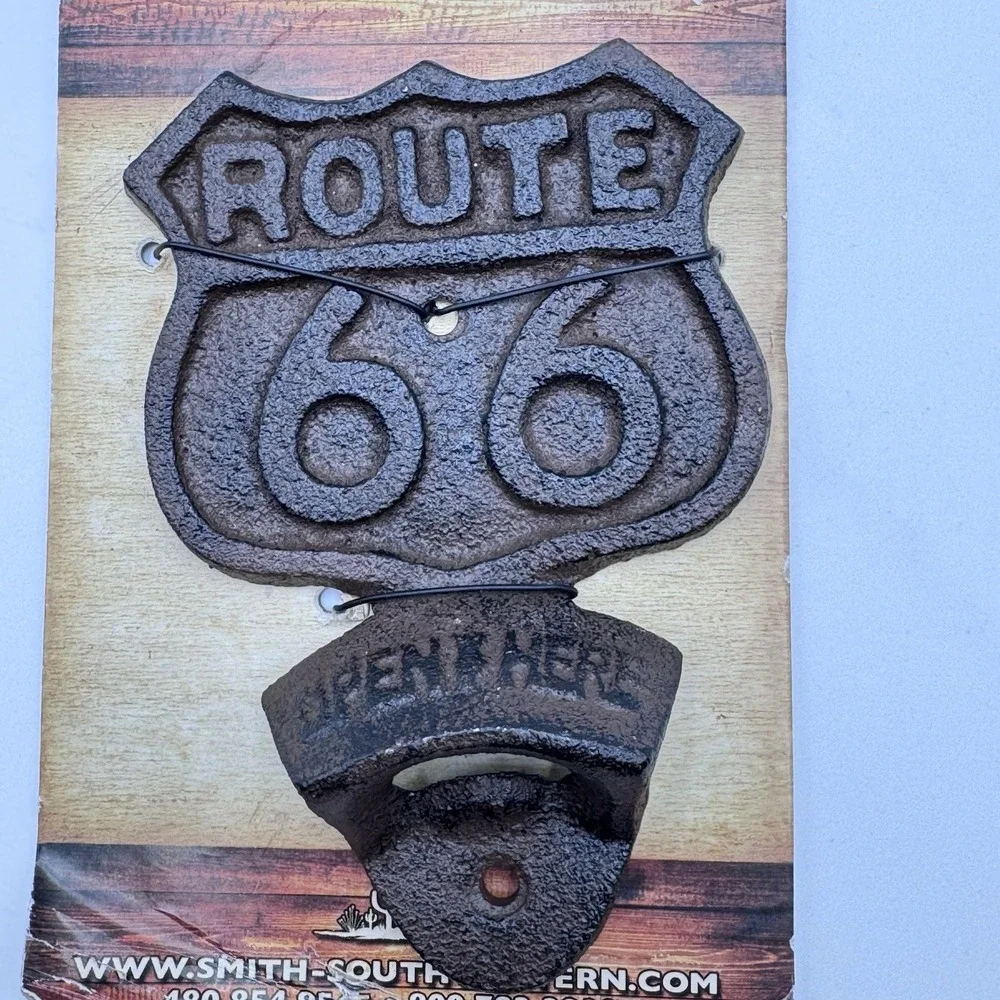 Cast Iron Historic US Route 66 Beer Soda Bottle‎ Opener Wall Mount Antique Brown